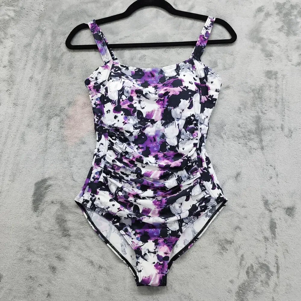 NEW Jusfitsu Swimsuit Size 6 Purple Black Floral‎ Ruched Tummy Control High Cut